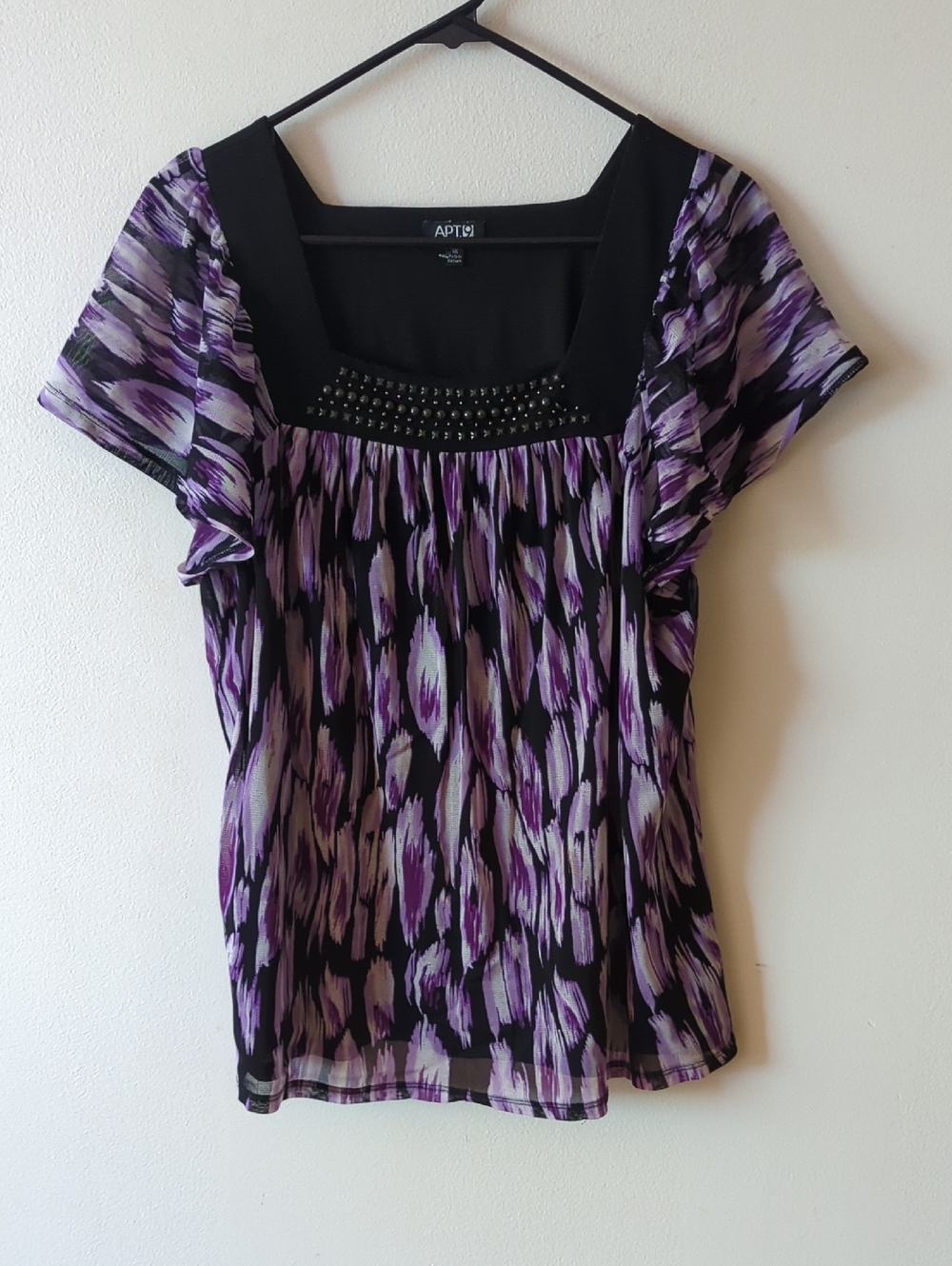 Apt. 9 Purple and Black Patterned Flutter Sleeve Blouse with Studded Yoke 1X